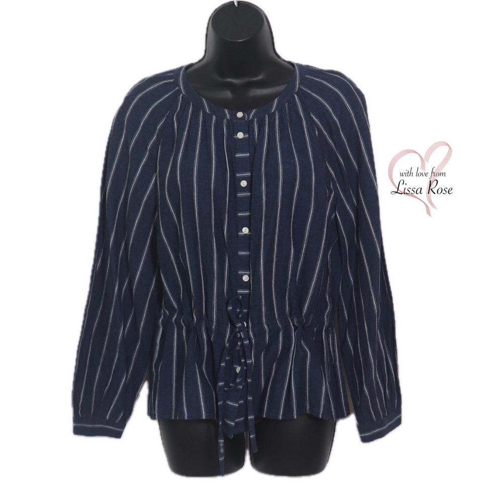 Tie-waist top in indigo gauze stripe (J. Crew)